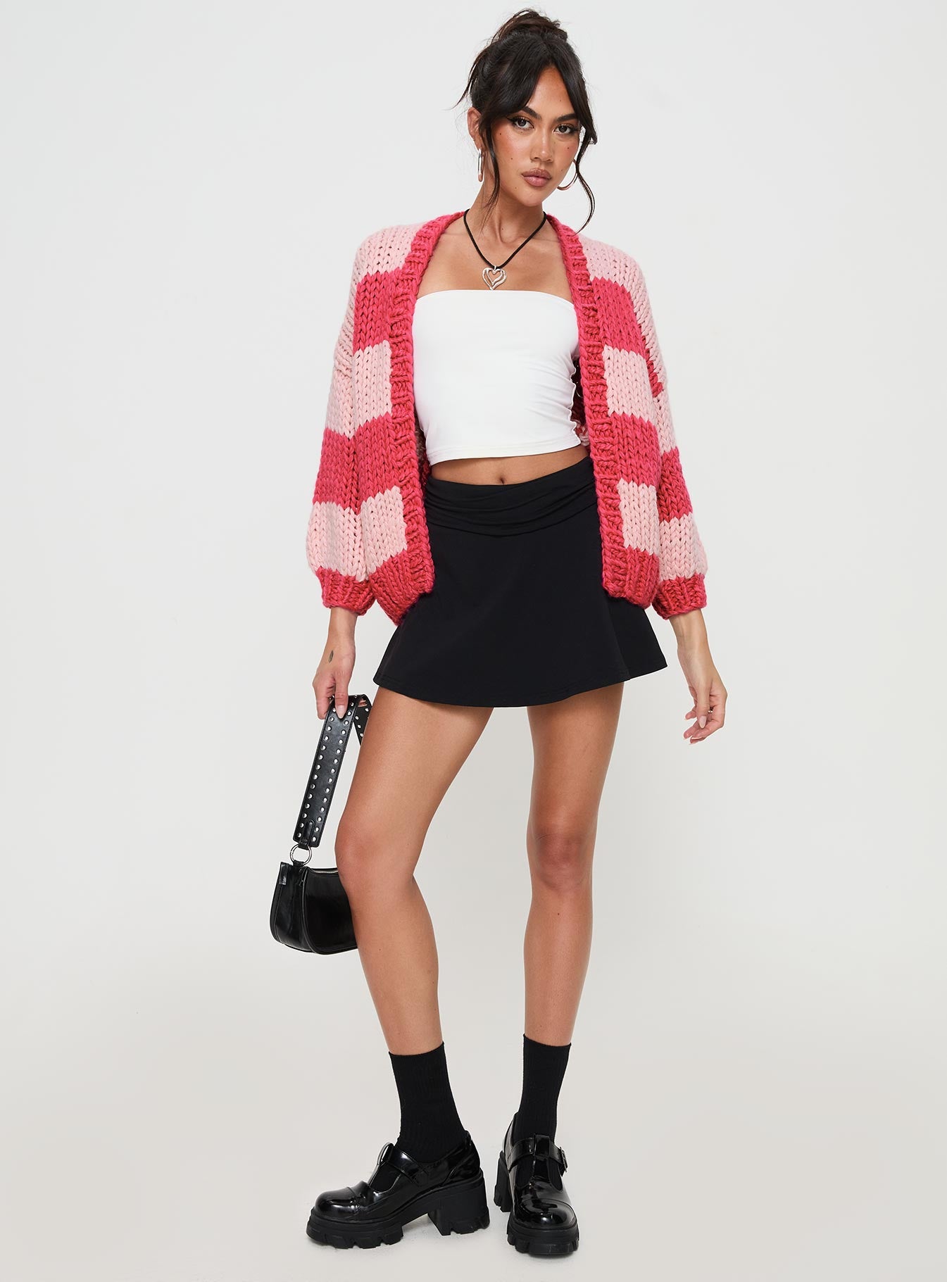side view of model wearing Princess Polly Lester Knit Cardigan Pink Stripe cropped 