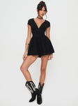 Black Playsuit V neckline, invisible zip fastening at back, pleats at waist, cap sleeve