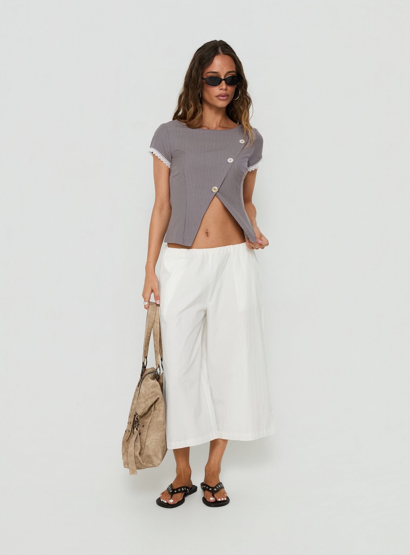 Margherite Asymmetrical Button Detail Short Sleeve Top Grey Stripe