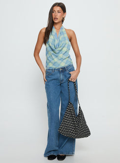 Karelyn Plunge Neck Top Teal Check