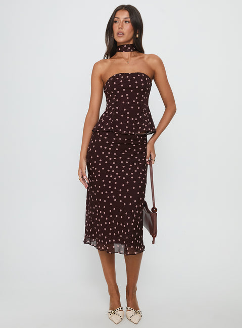 Sydni Midi Bias Cut Skirt Chocolate | Pink Polka | Chocolate | Pink Polka | Womens