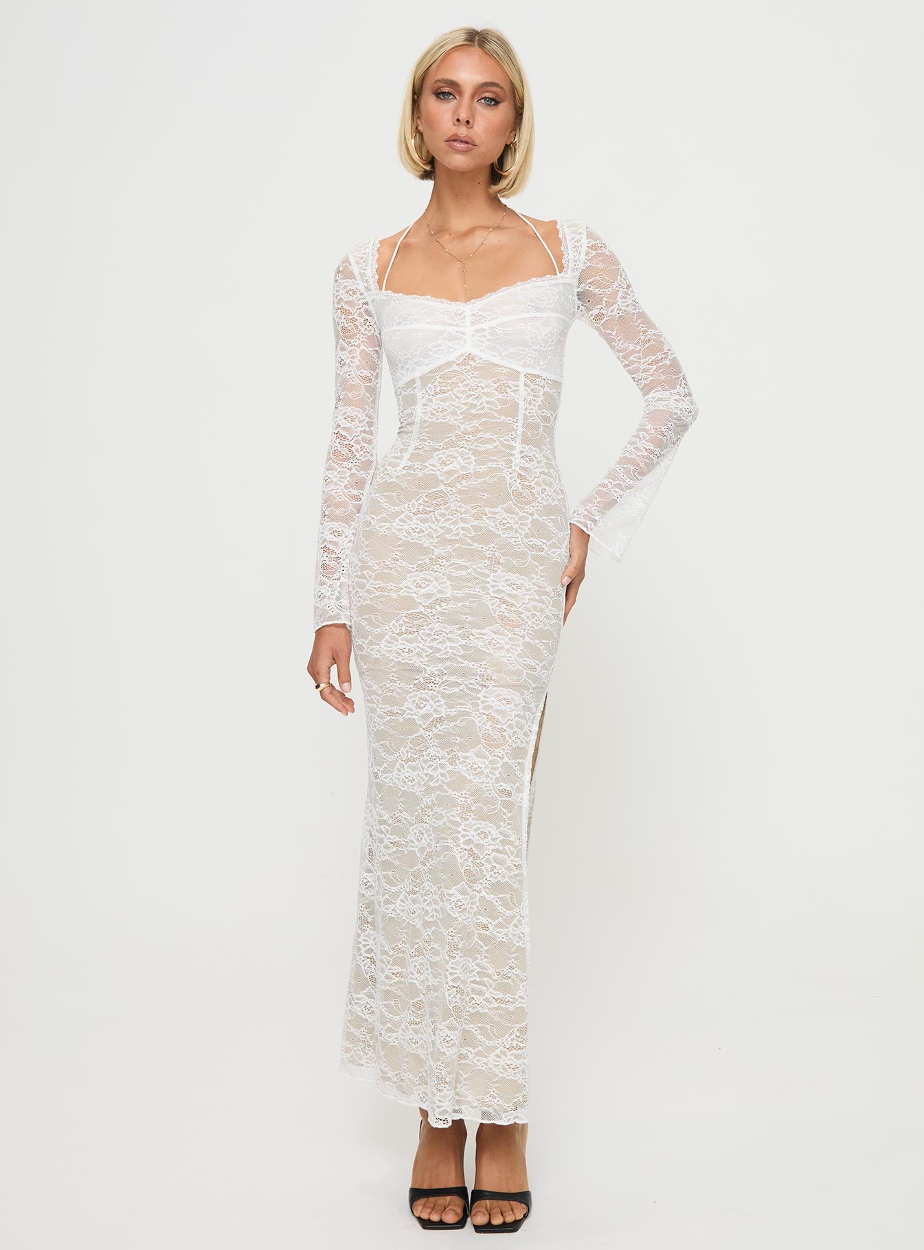 front view of model wearing Princess Polly Aubriella Lace Maxi Dress Cream Sweetheart Neckline 