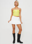 Low rise mini skirt Thin elasticated band at waist, pleated bust Good stretch, fully lined 
