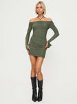 front view of model wearing Princess Polly Moreno Long Sleeve Mini Dress Olive Straight Neck 