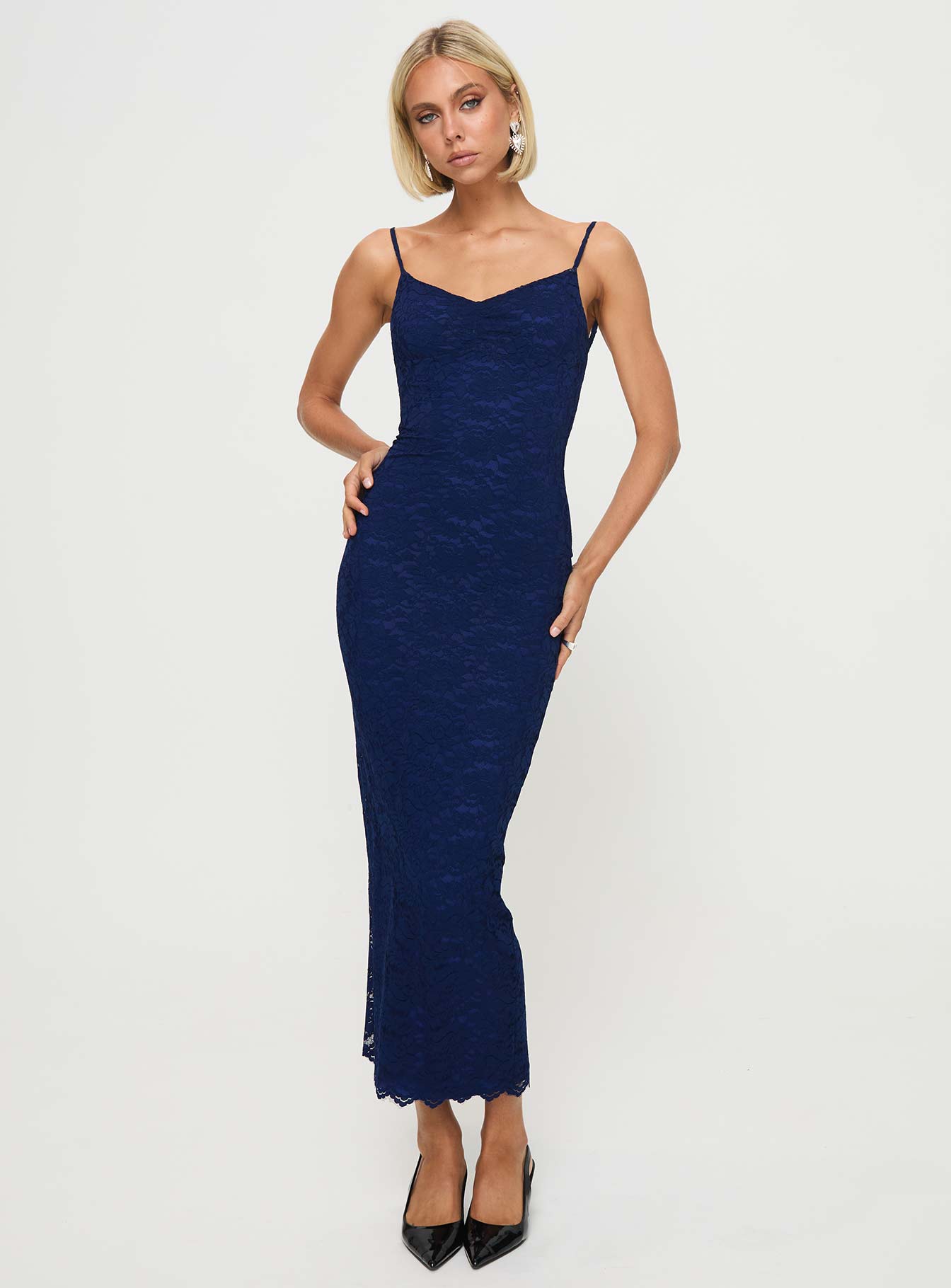 front view of model wearing Princess Polly Khalani Maxi Dress Navy Sweetheart Neckline 