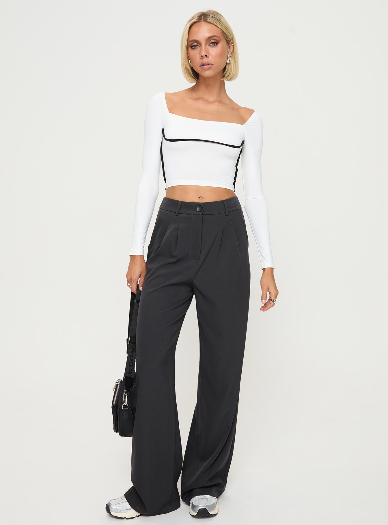 front view of model wearing Princess Polly Maidenwell Contrast Long Sleeve Top White Full Sleeves Square Neck 