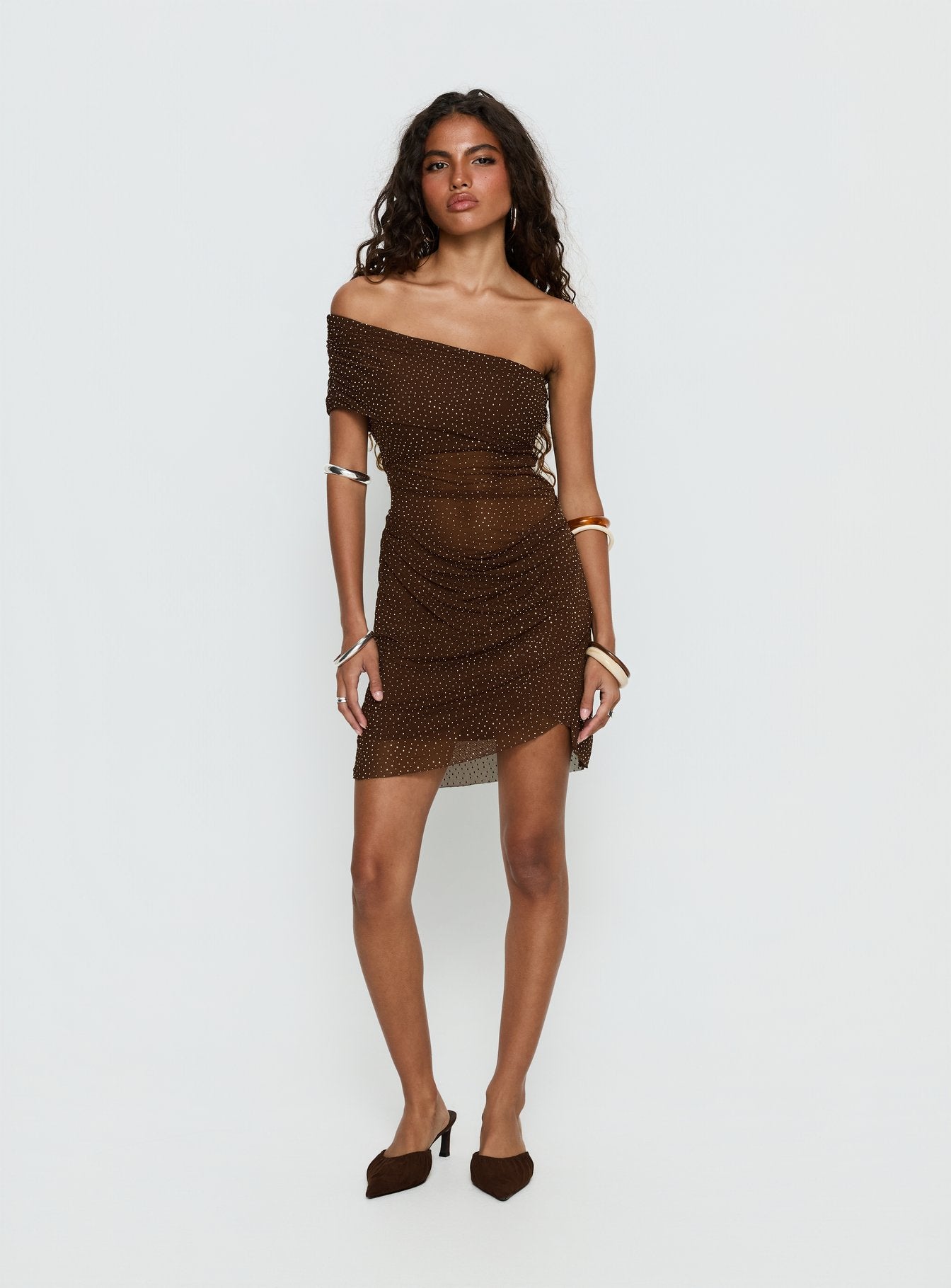Adriessa One Shoulder Sheer Mini Dress Dark Brown Shimmer