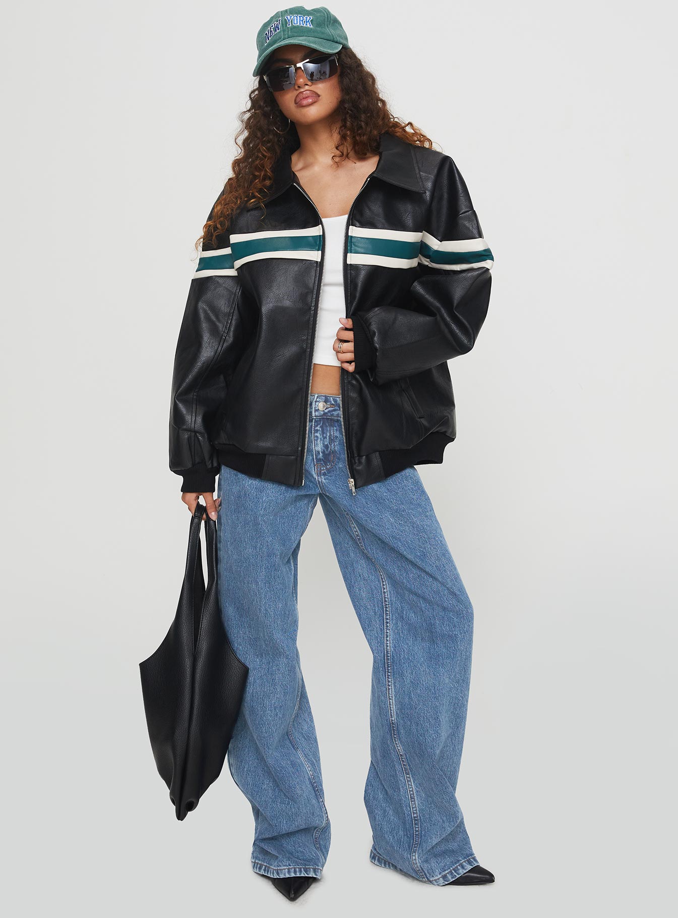 Goldsmith Faux Leather Bomber Jacket Black / Green | Princess Polly