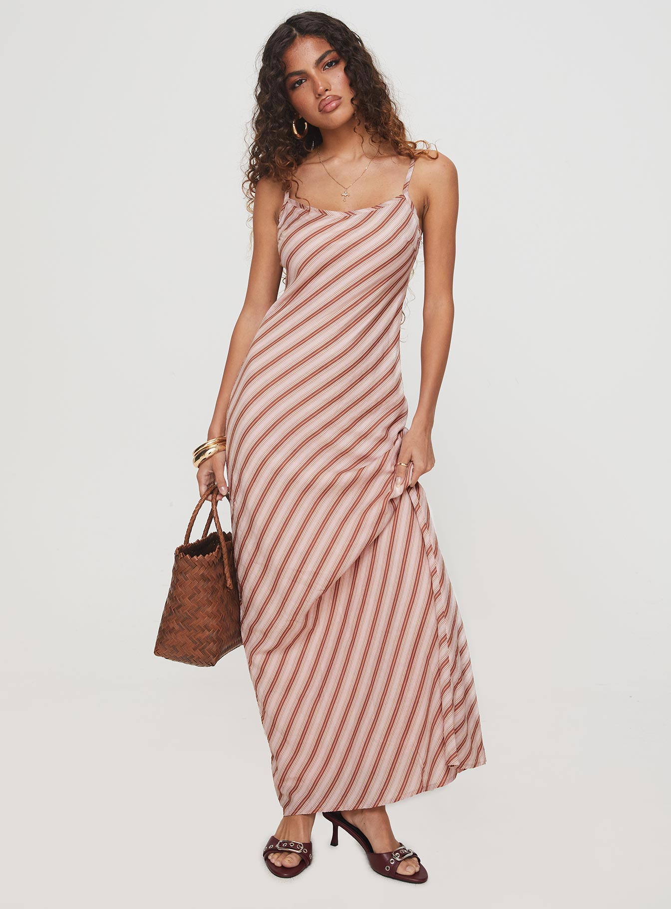 side view of model wearing Princess Polly Rianne Maxi Dress Pink Stripe Scoop Neck 