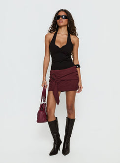   front view of model wearing Princess Polly Lowretta Faux Suede Belt Mini Skirt Burgundy Mini Skirts 