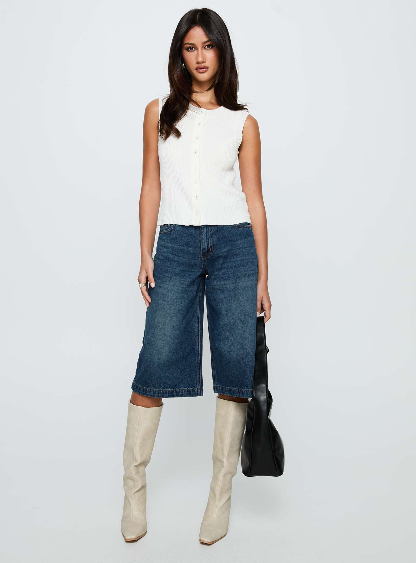 front view of model wearing Princess Polly Ollison Longline Denim Shorts Blue High Waisted Shorts 