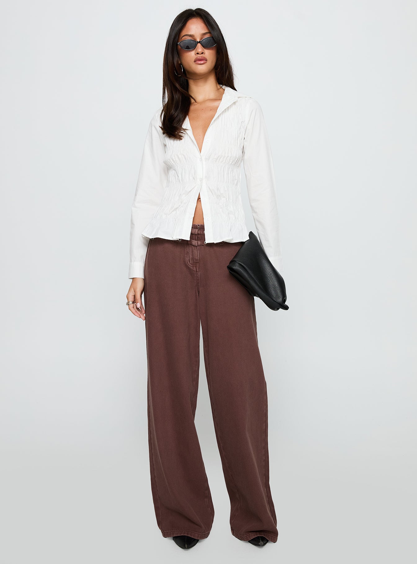 front view of model wearing Princess Polly Cultivate Shirred Long Sleeve Top White Full Sleeves V-Neck 