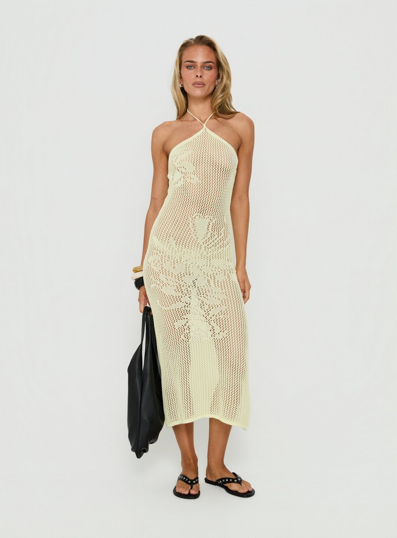 Sebelle Halter Crochet Maxi Dress Yellow | Princess Polly