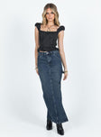 Midi skirt Dark wash denim Mid-rise Belt looped waist Four-pocket design Zip and button fastening Split at leg
