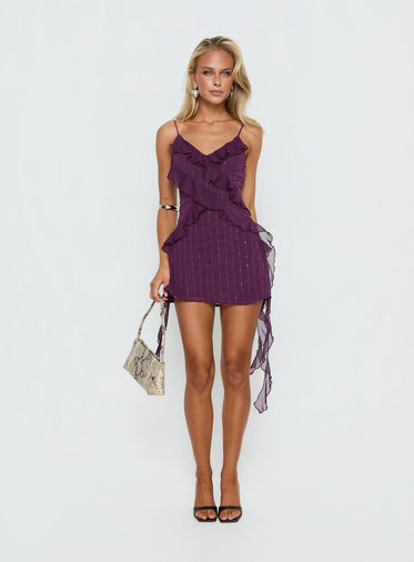 green emerald velvet dress Women's Isobel Rosette Ruffle Mini Dress in Purple Chiffon, XL , Halter Neck , Cut Out , Asymmetric