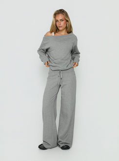Showcasing the Wellness Off The Shoulder Jumper Dark Grey Marle in womens-jumpers with long length and oversized fit front view of model wearing Princess Polly