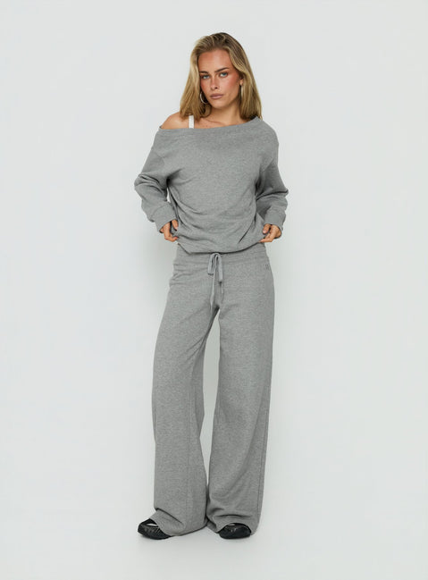 Showcasing the Wellness Off The Shoulder Jumper Dark Grey Marle in womens-jumpers with long length and oversized fit front view of model wearing Princess Polly