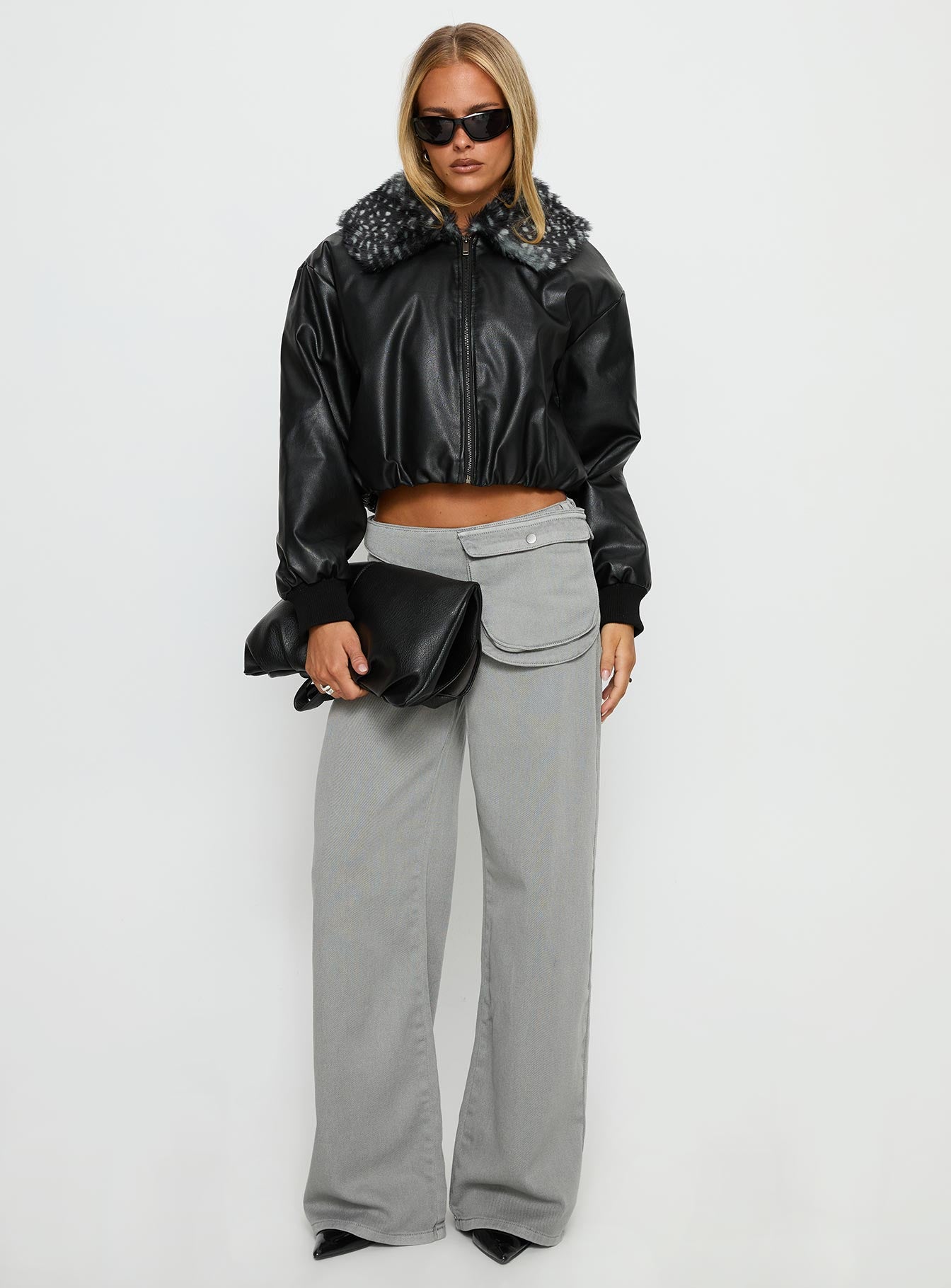 Koemi Faux Leather Collared Jacket Black