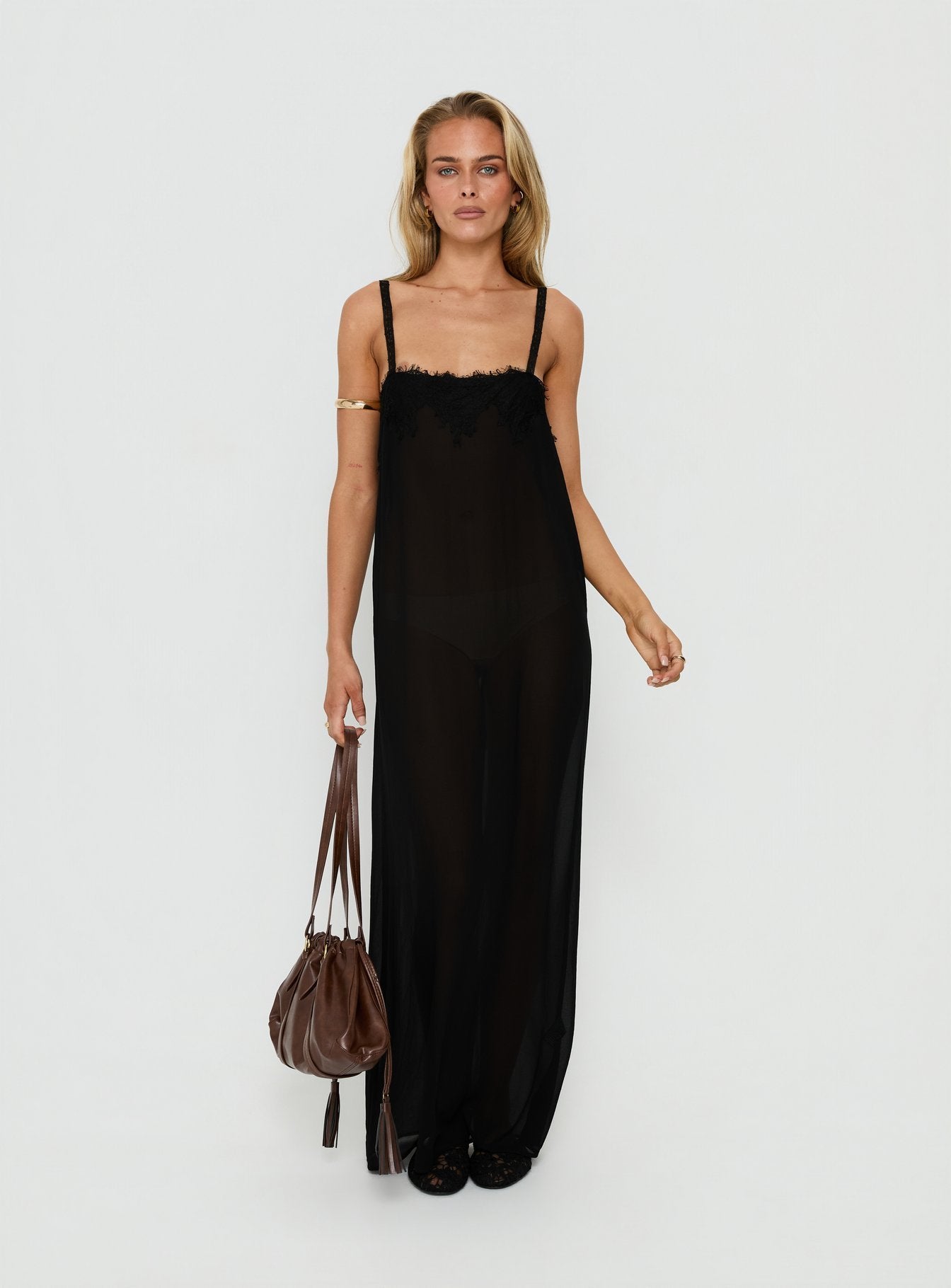 black maxi dress with sheer bottom Layered Sheer A-line Dress-BESTSELLER
