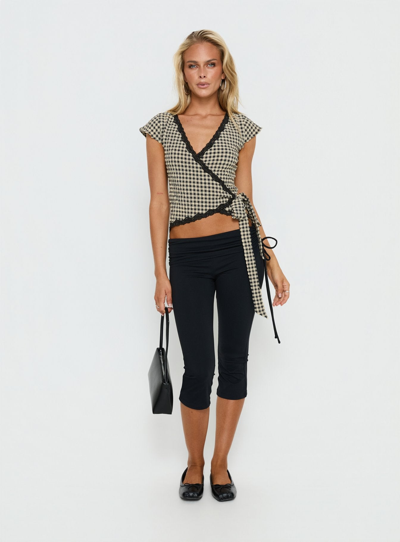 Meltwater Lace Trim Wrap Detail Top Black Check | Princess Polly