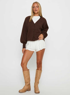 front view of model wearing Princess Polly Eartha V Neck Knit Sweater Brown Long 