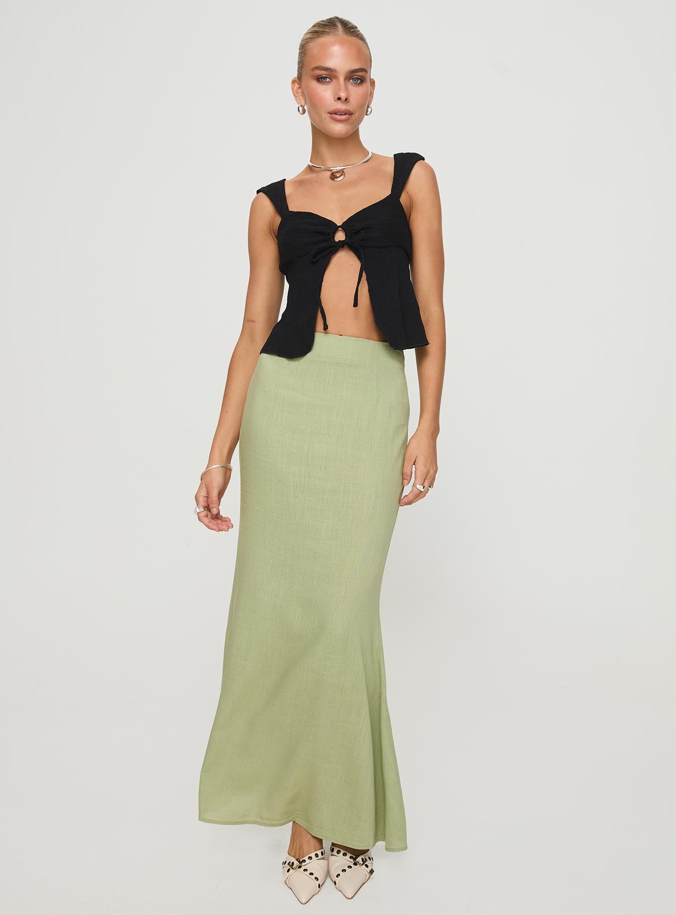 back view of model wearing Princess Polly Moshe Top Black Sleeveless Sweetheart 