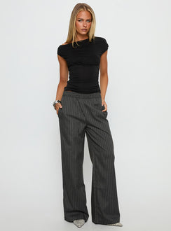 front view of model wearing Princess Polly Jaysa Baggy Wide Leg Pant Grey Pinstripe High Rise Pants 