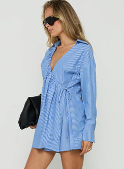 Onami Wrap Long Sleeve Mini Dress Blue Stripe