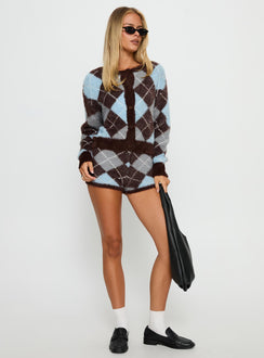 front view of model wearing Princess Polly Kenlea Button Up Cardigan Blue Argyle Cropped Jumpers 