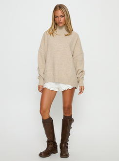 front view of model wearing Princess Polly Patrizia Funnel Neck Knit Sweater Beige 
