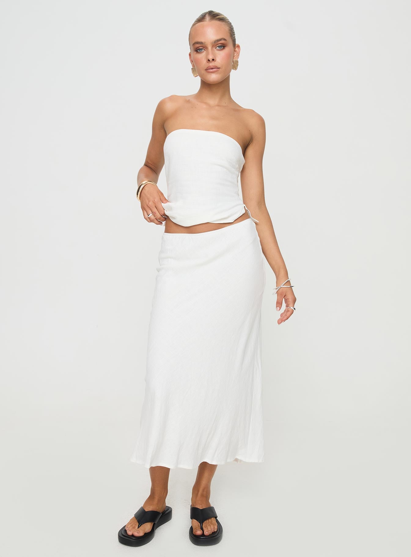 Ermias Linen Blend Midi Skirt | White | Womens | Princess Polly Lower Impact Ermias Linen Blend Midi Skirt | White | Womens | Princess Polly Lower Impact