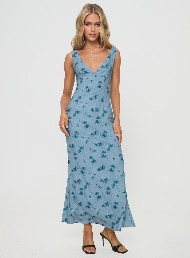 side view of model wearing Princess Polly Donnelly Maxi Dress Blue Plunger 