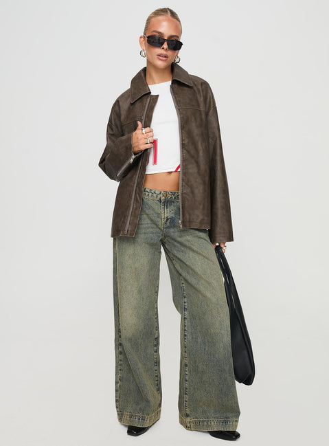 Faux Leather Collared Dad Jacket Washed Brown