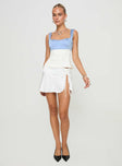 front view of model wearing Princess Polly Chantell Top Blue / White Sleeveless Sweetheart 