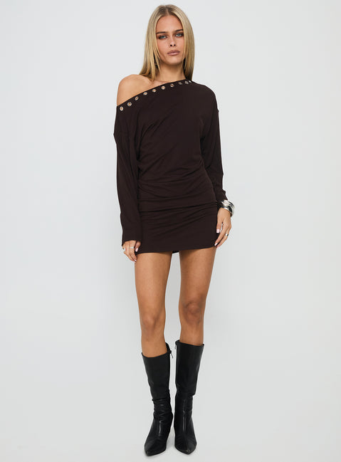 Sakaia Long Sleeve Eyelet Mini Dress | Brown | Womens | Princess Polly Sakaia Long Sleeve Eyelet Mini Dress | Brown | Womens | Princess Polly