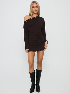 Sakaia Long Sleeve Eyelet Mini Dress Brown