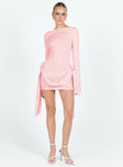 Long sleeve mini dress Wide neckline Ruching at side Frill and flower details