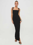 Front view of model wearing  front Princess Polly Square Neck  Bombshell Maxi Dress Black