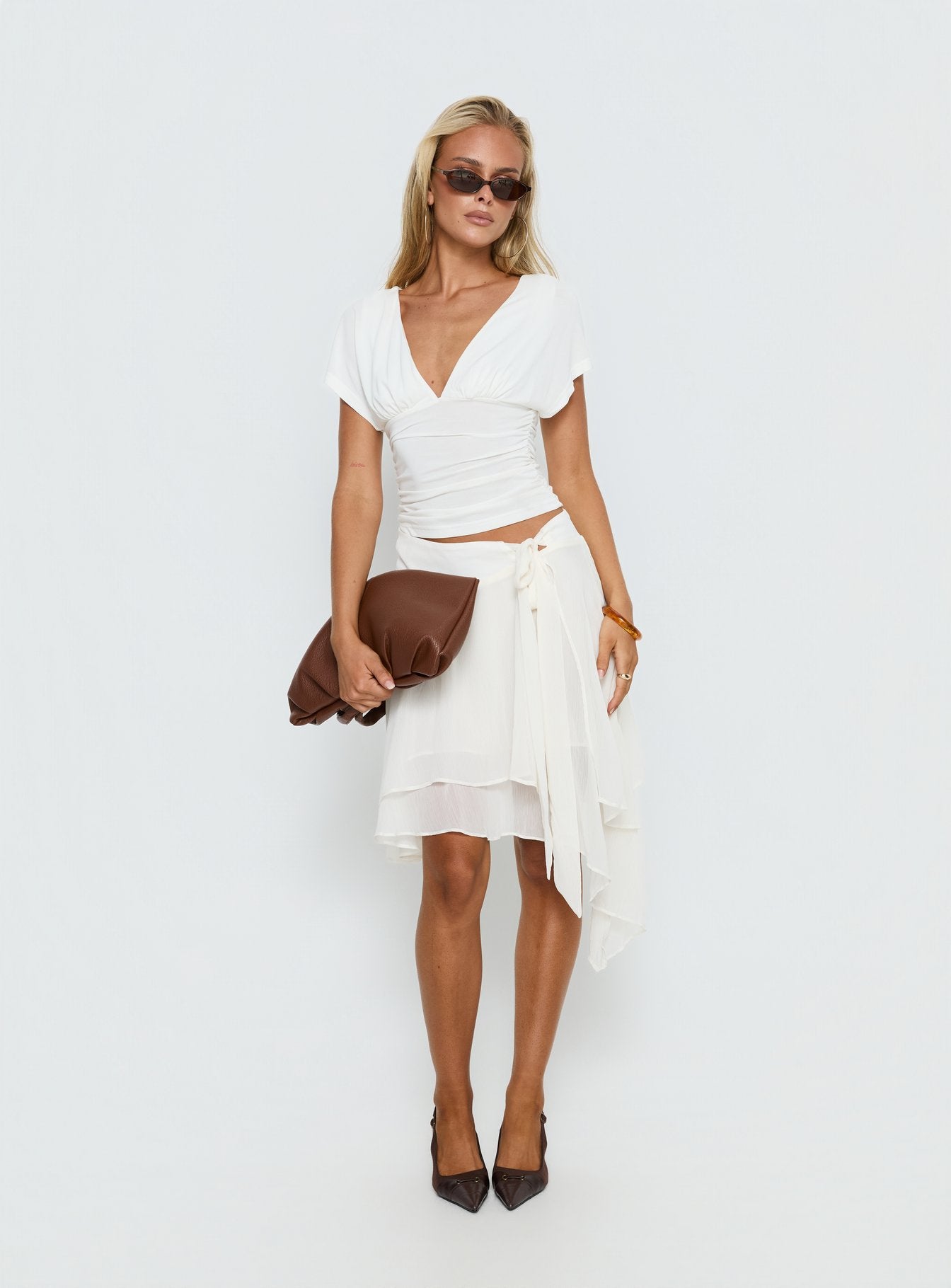 Ophella Tie Waist Chiffon Midi Skirt Cream | Princess Polly