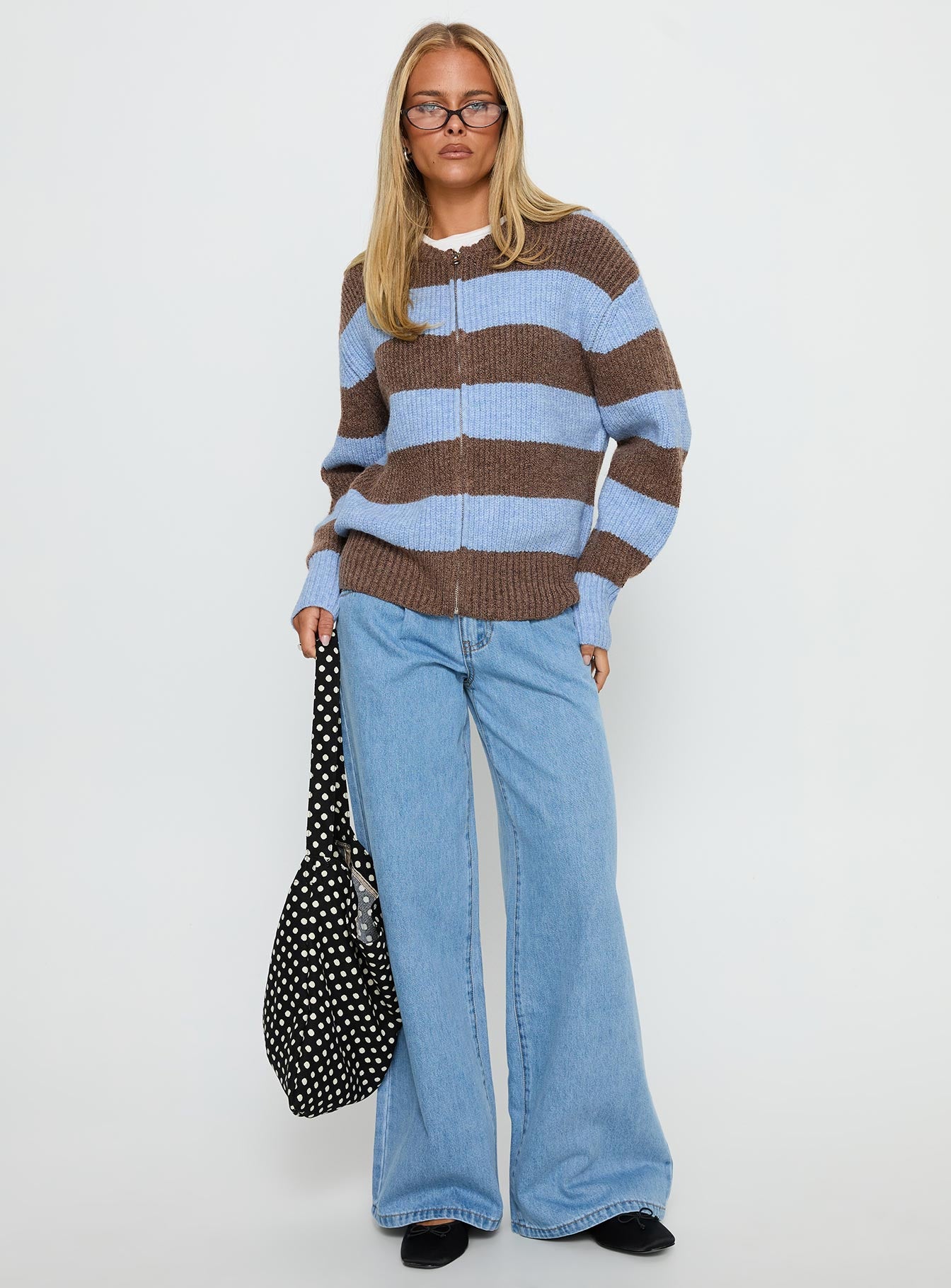 Queena Zip Through Knit Sweater Blue Stripe | Princess Polly