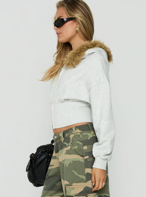 Crafted from soft fabric, the Ramonda Faux Fur Hooded Jumper Grey Marle womens-jumpers with short length and oversized fit side view of model wearing Princess Polly