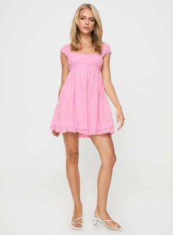 front view of model wearing Princess Polly Carlita Mini Dress Pink Square Neck 