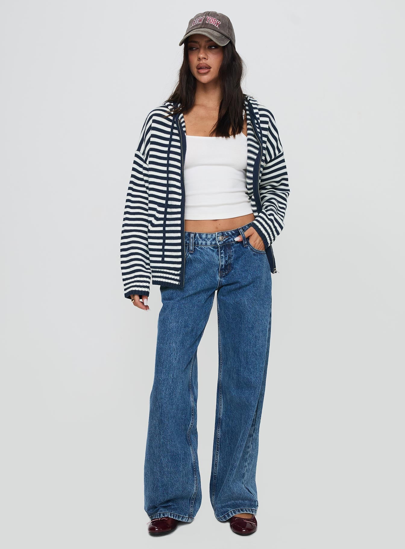 front view of model wearing Princess Polly Brienna Zip Jacket Navy Long 