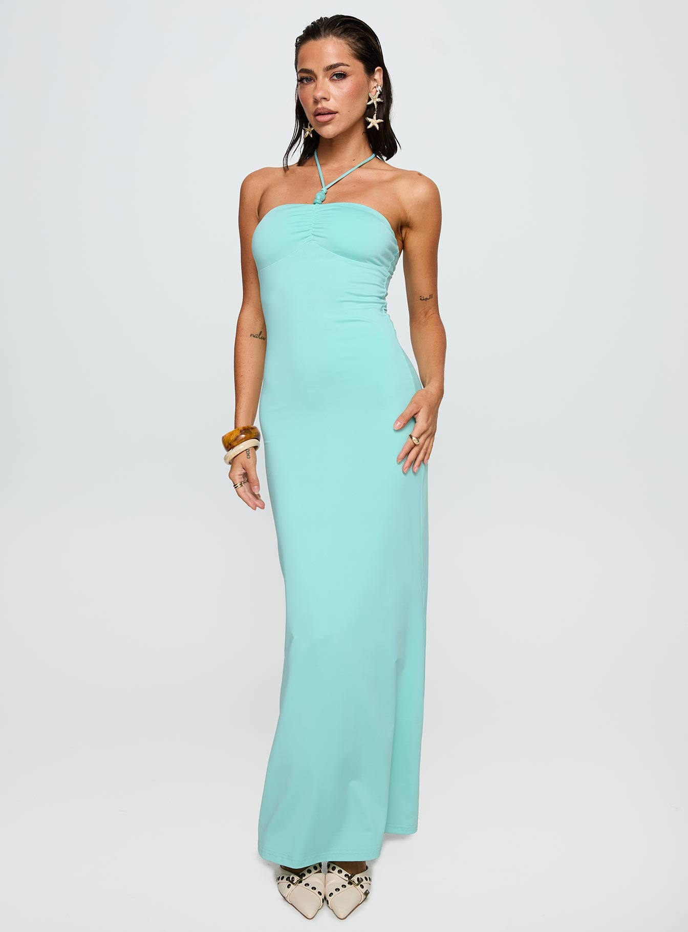 front view of model wearing Princess Polly A Vision Hardware Detail Maxi Dress Blue Straight Neck 