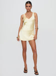 front view of model wearing Princess Polly Kingslie Low Back Mini Dress Baby Yellow V-Neck 