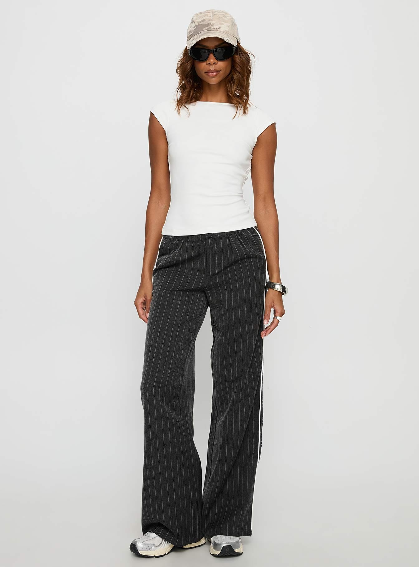 Knowla Pleated Trouser Pant Grey Pinstripe | Princess Polly