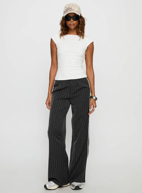 front view of model wearing Princess Polly Knowla Pleated Trouser Pant Grey Pinstripe Mid Rise Pants 
