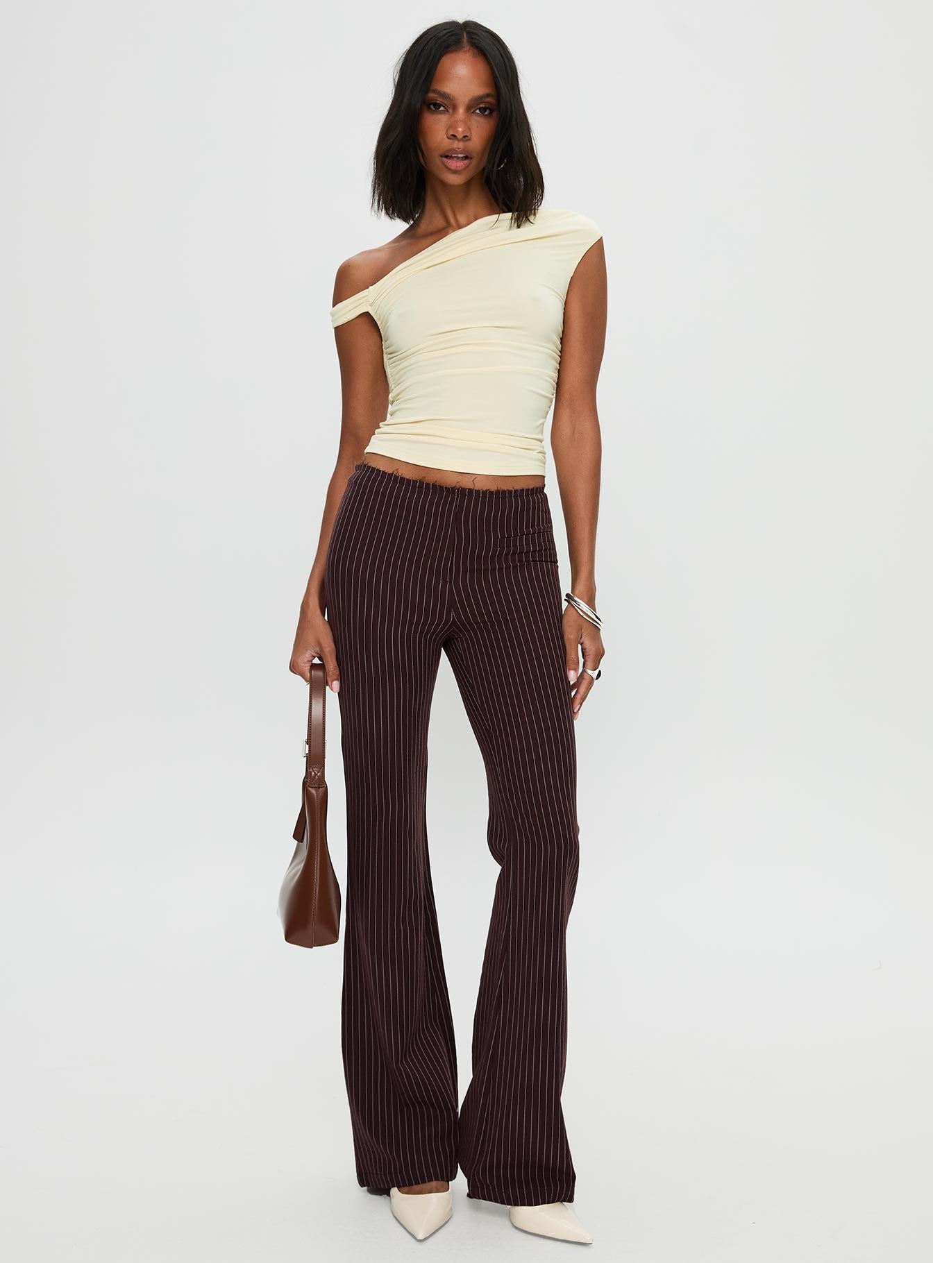 Princess Polly Women's Sportia Pinstripe Low Rise Flare Pants - Brown Princess Polly Women's Sportia Pinstripe Low Rise Flare Pants - Brown