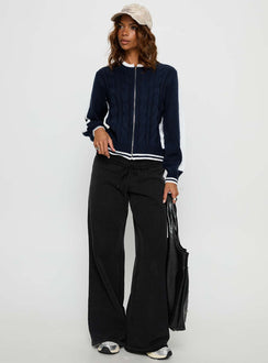 back view of model wearing Princess Polly Tevyn Cable Knit Zip Through Knit Sweater Blue / Cream Cropped Jumpers 