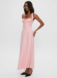 side view of model wearing Princess Polly Lucky For You Halter Maxi Dress Multi Sweetheart Neckline 